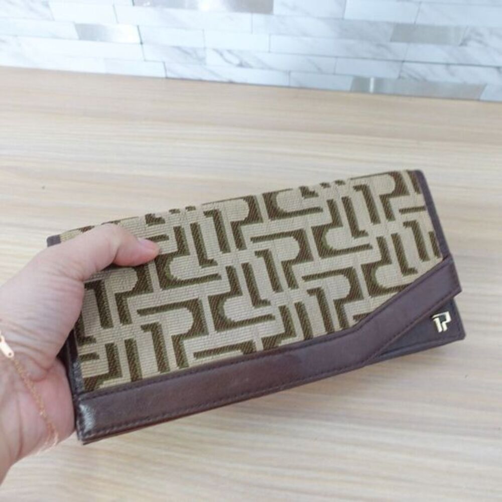 VINTAGE Bifold Clutch Wallet Long Brown Purse Monogram Logo Leather Canvas POLA‎